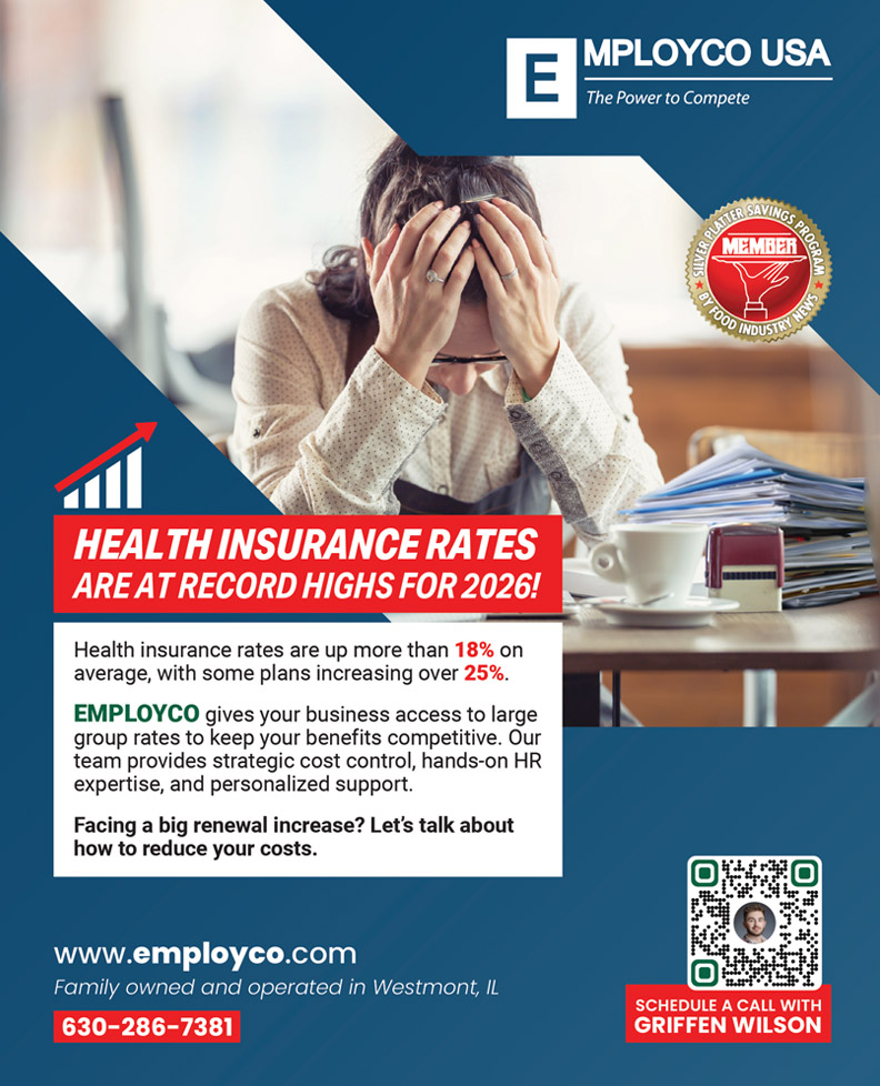 Employco advertisement for the food industry highlighting record-high health insurance rates for 2026.